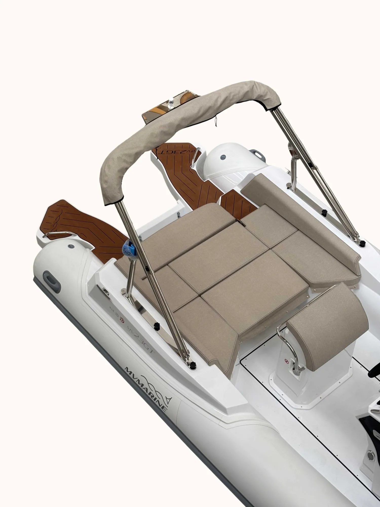 MV 23GT RIB aft sundeck under the bimini frame