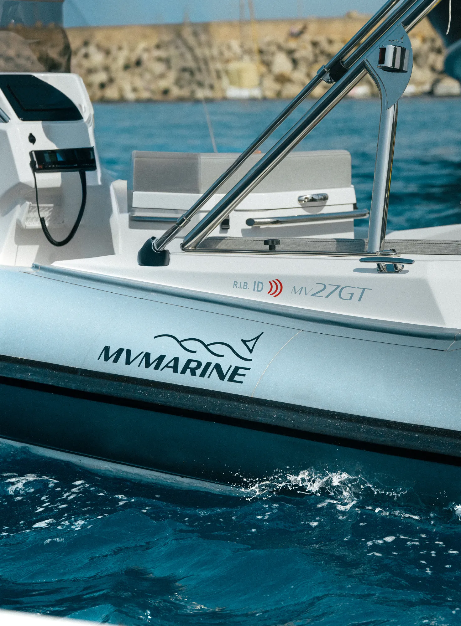 MV 27GT RIB side console and bimini frame detail