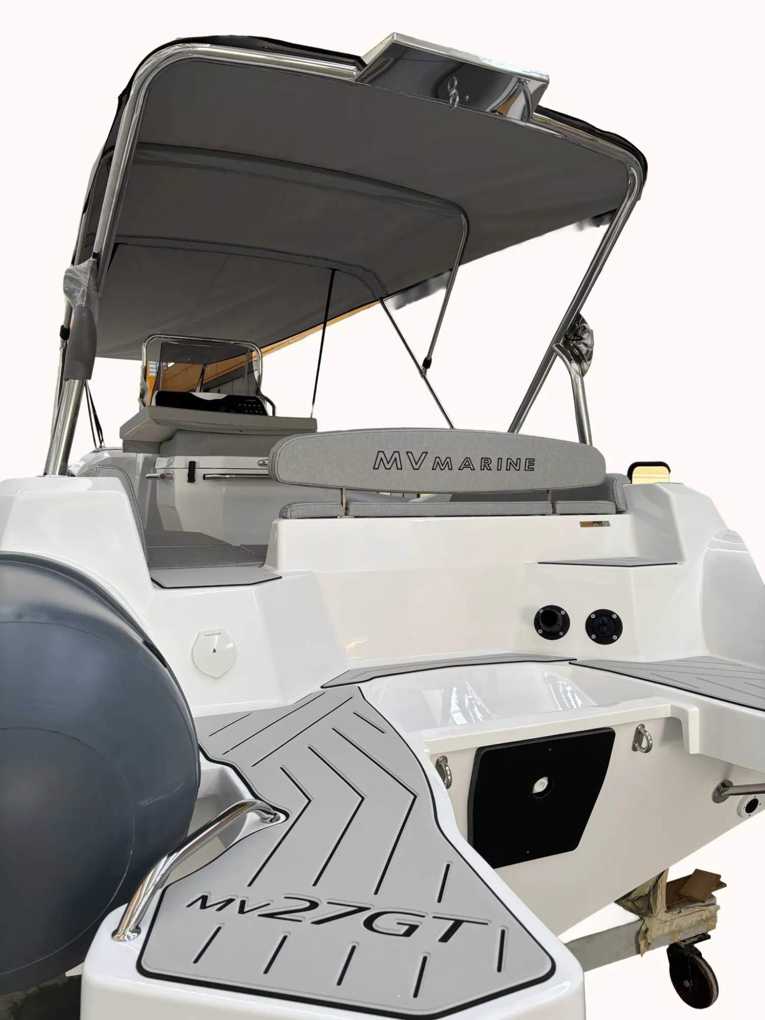 MV 27GT RIB stern with bimini top and swim platform